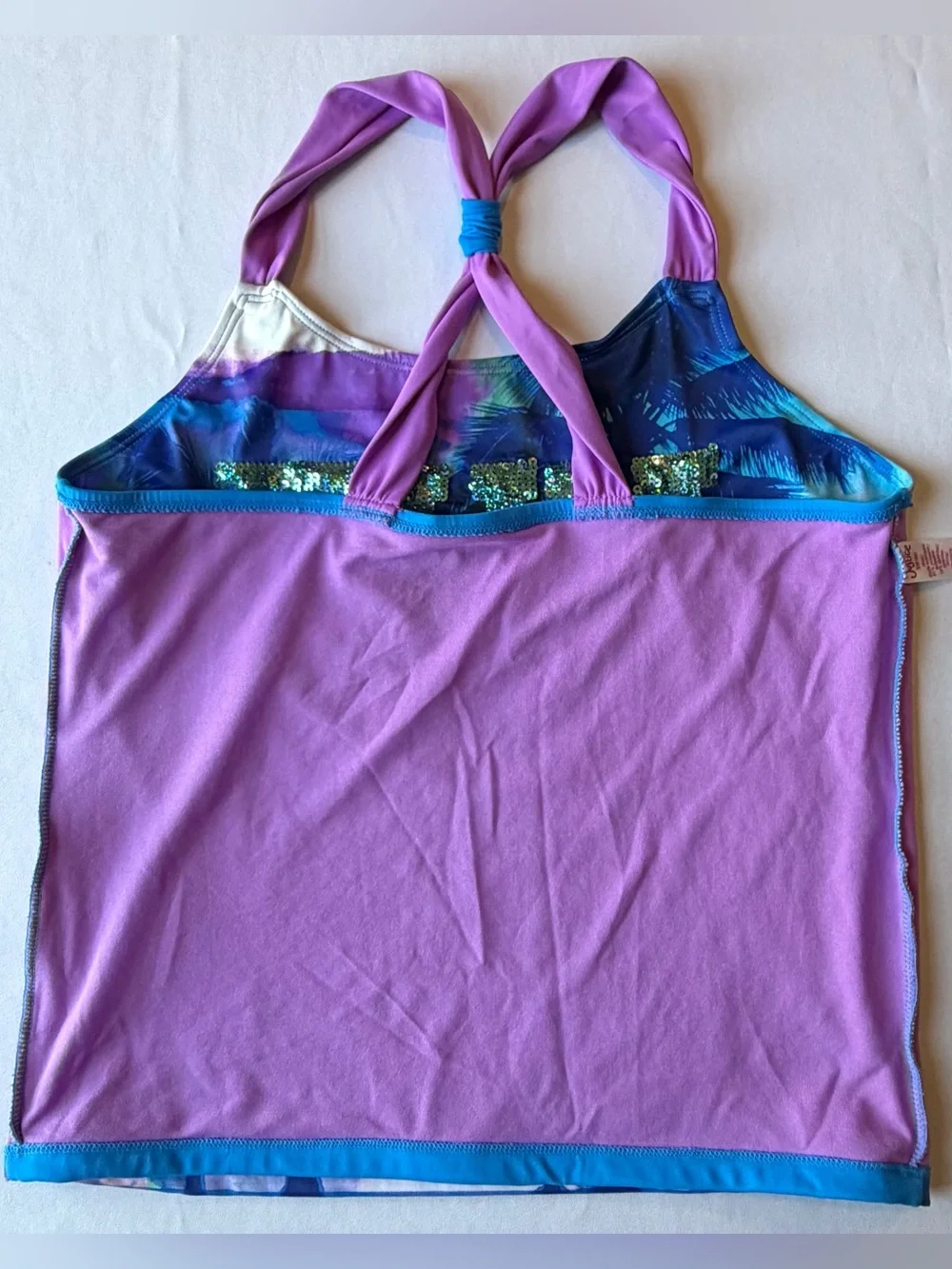 Justice Girls Swimsuit 2 Piece Blue Purple Palm Trees FUN Sequin Tankini Size 18